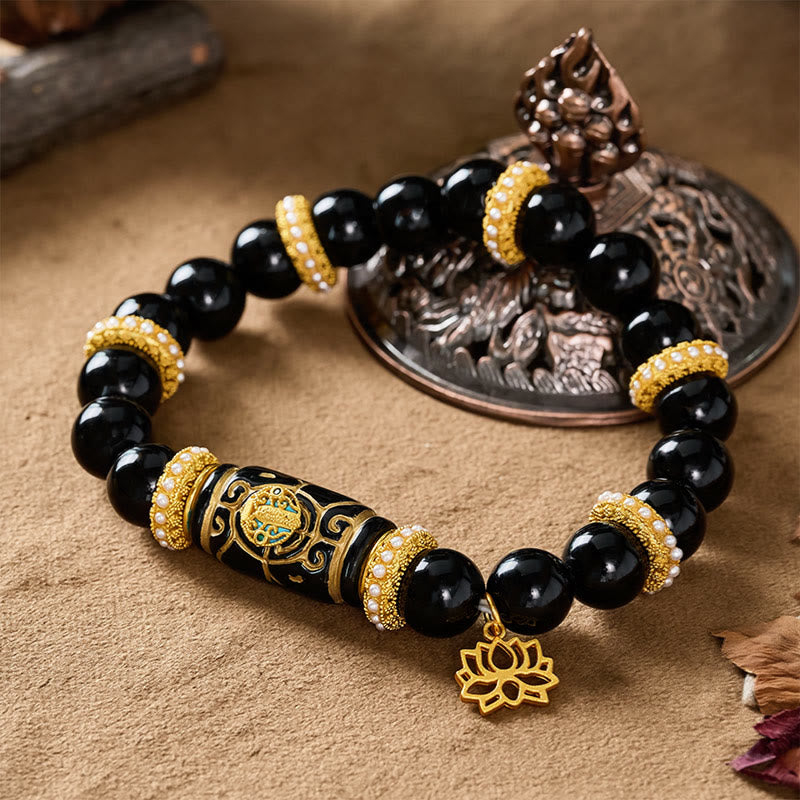 Buddha Stones Black Obsidian Resin Barrel Bead Lotus Pendant Protection Round Bead Bracelet - image 3