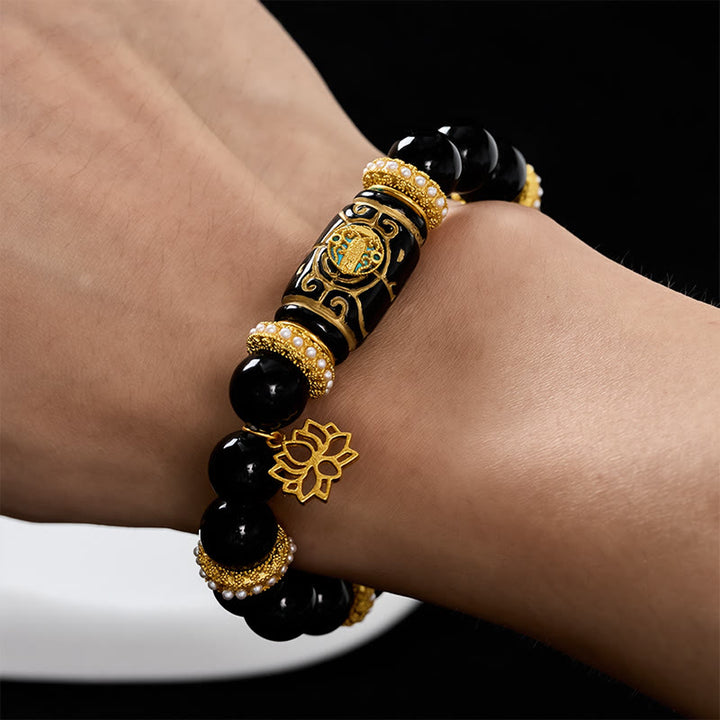 Buddha Stones Black Obsidian Resin Barrel Bead Lotus Pendant Protection Round Bead Bracelet - image 4