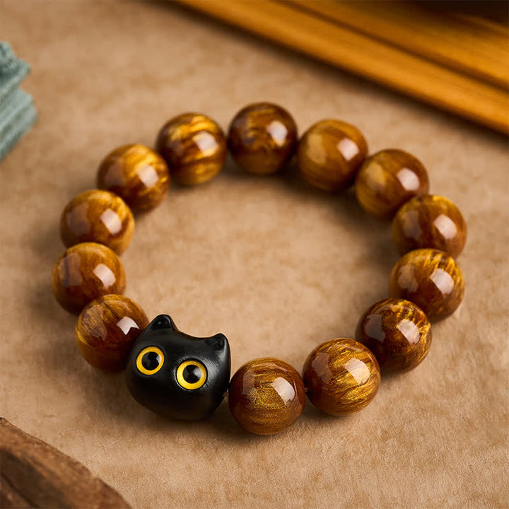 Buddha Stones Yellow Resin Beads Yellow Eyes Ebony Wood Cat Calm Bracelet - 16 mm(Wrist Circumference: 7.5-7.9  in / 19-20cm) - image 9