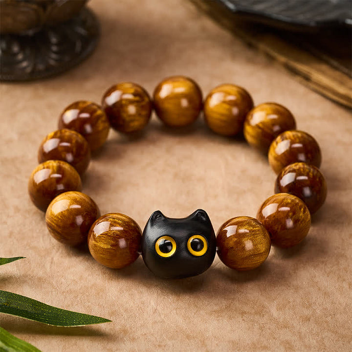 Buddha Stones Yellow Resin Beads Yellow Eyes Ebony Wood Cat Calm Bracelet - image 10