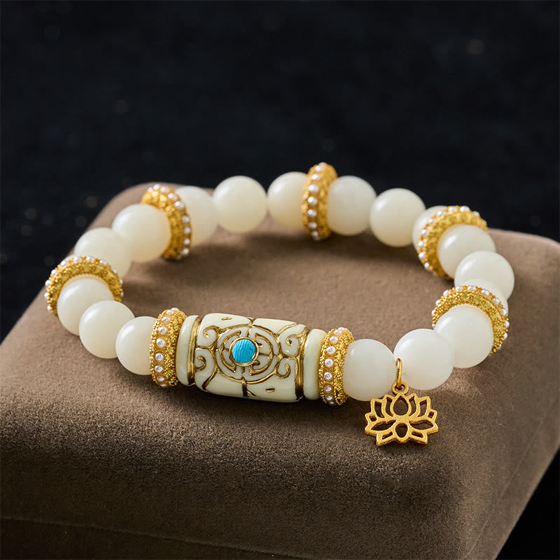 Buddha Stones White Bodhi Seed Resin Barrel Bead Lotus Pendant Round Meditation Bracelet - White Bodhi Seed (Wrist Circumference: 16–17 cm) - image 0