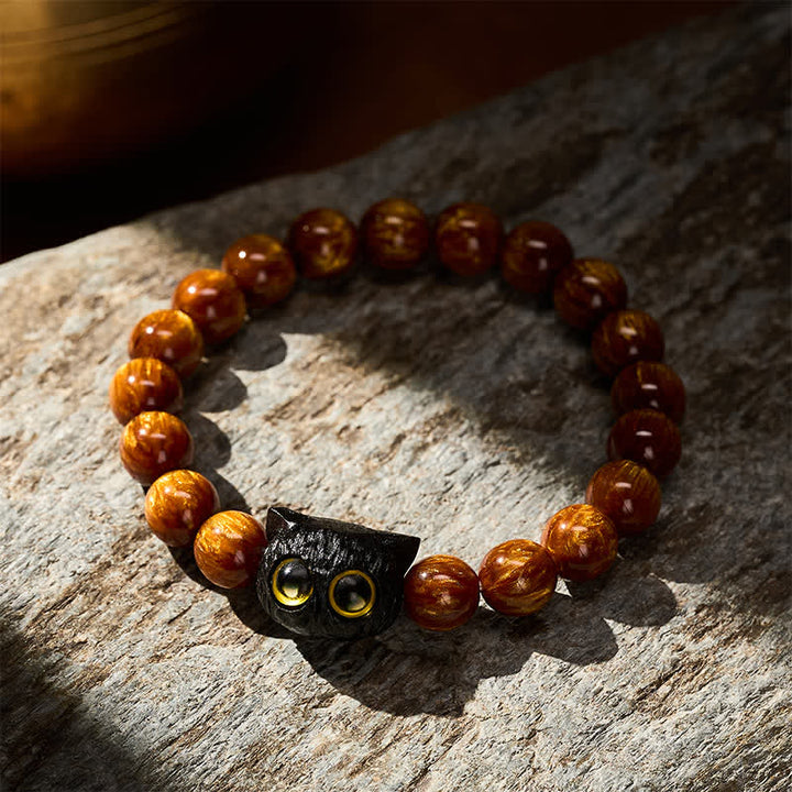 Buddha Stones Yellow Resin Beads Ebony Wood Cat Peace Bracelet - image 2