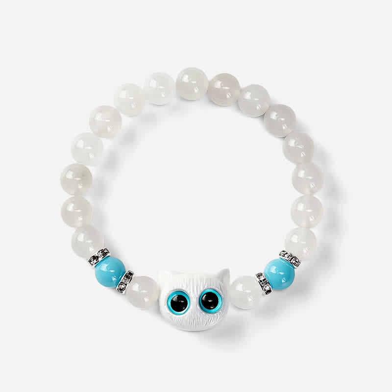 Buddha Stones White Jade Black Obsidian Cute Cat Head Purity Beaded Bracelet - image 9