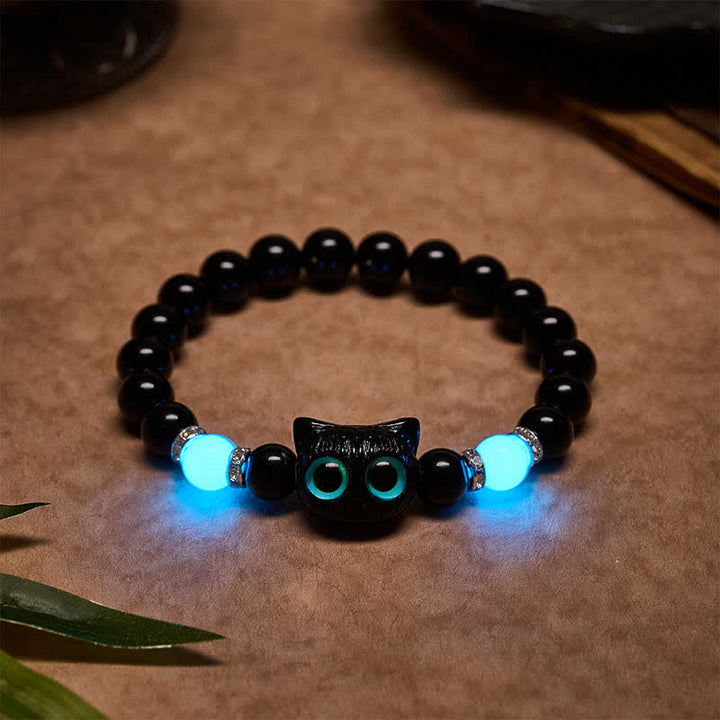 Buddha Stones White Jade Black Obsidian Cute Cat Head Purity Beaded Bracelet - Black Obsidian(Wrist Circumference: 15–16 cm) - image 13
