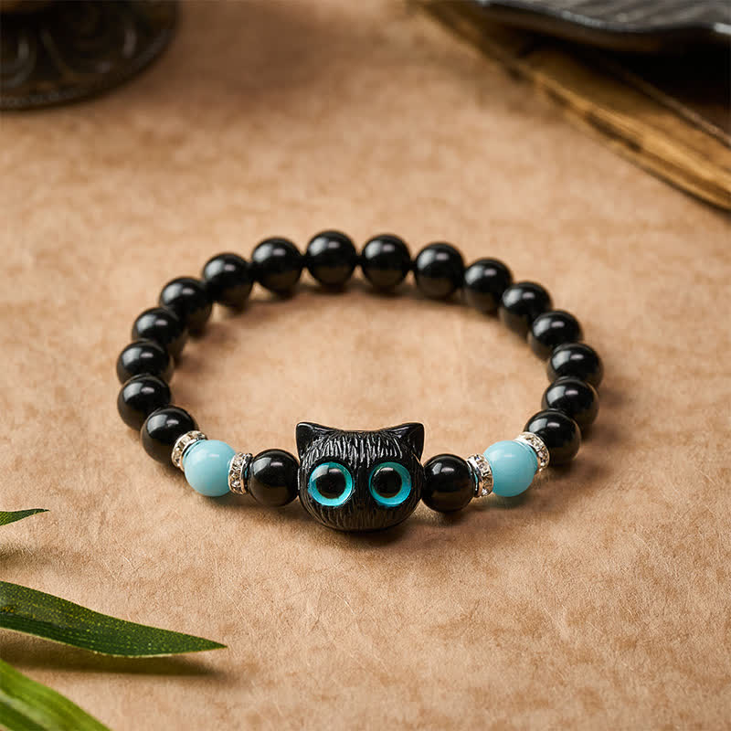 Buddha Stones White Jade Black Obsidian Cute Cat Head Purity Beaded Bracelet - image 19