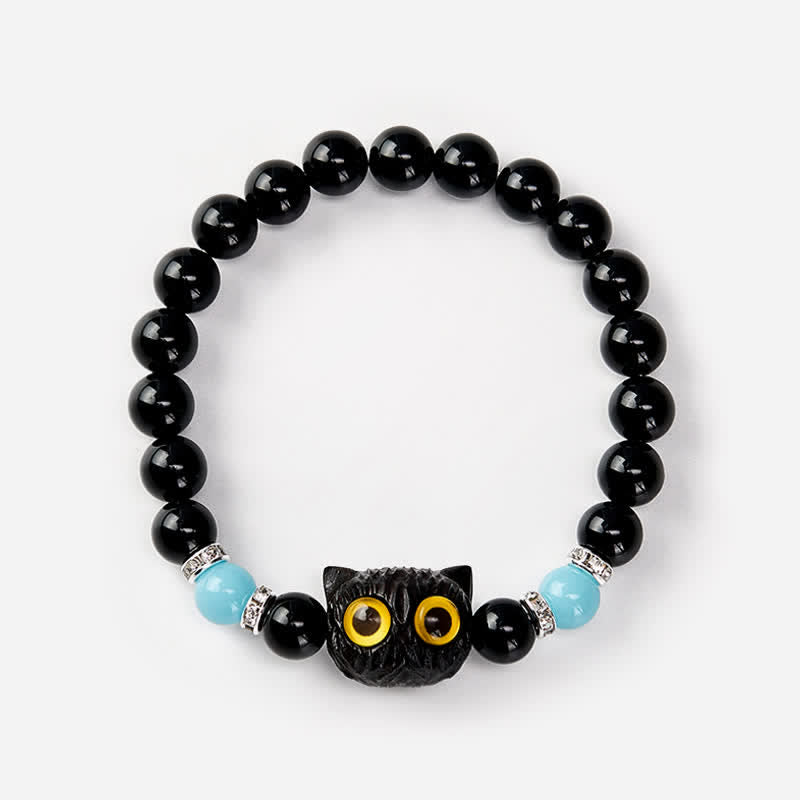 Buddha Stones Black Obsidian White Chalcedony Big-Eye Cat Head Purity Bead Bracelet - image 17