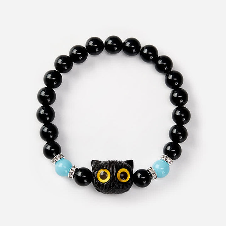 Buddha Stones Black Obsidian White Chalcedony Big-Eye Cat Head Purity Bead Bracelet - image 17