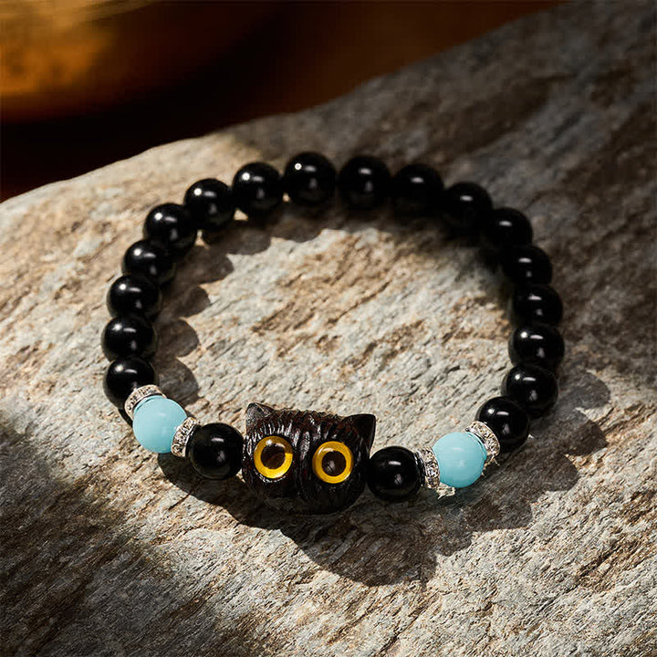 Buddha Stones Black Obsidian White Chalcedony Big-Eye Cat Head Purity Bead Bracelet - image 21