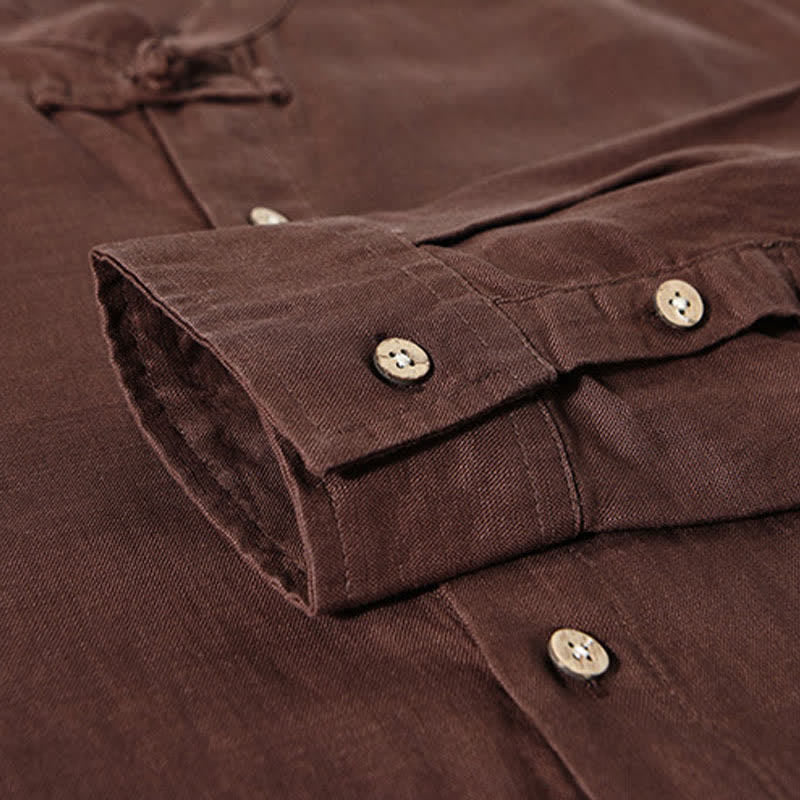 Buddha Stones Fall Casual Tang Style Mandarin Collar Solid Men's Long Sleeve Shirts - image 4