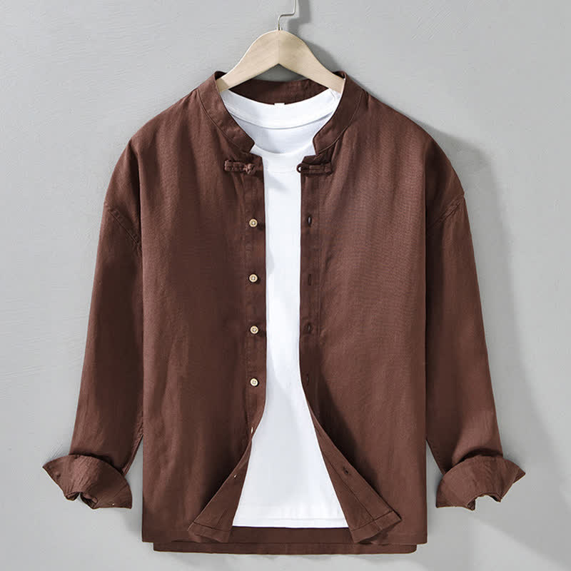 Buddha Stones Fall Casual Tang Style Mandarin Collar Solid Men's Long Sleeve Shirts - SaddleBrown - US/UK/AU42，EU52 (3XL) - image 0
