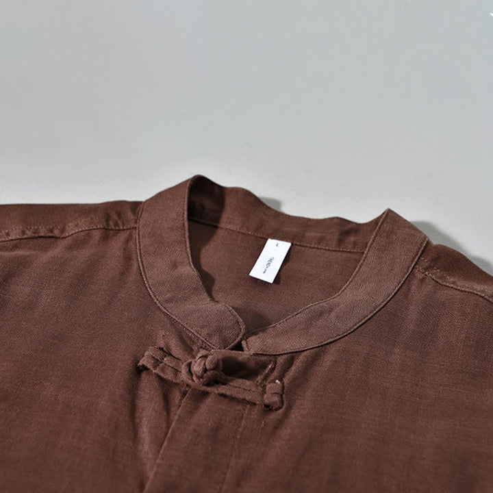 Buddha Stones Fall Casual Tang Style Mandarin Collar Solid Men's Long Sleeve Shirts - image 2