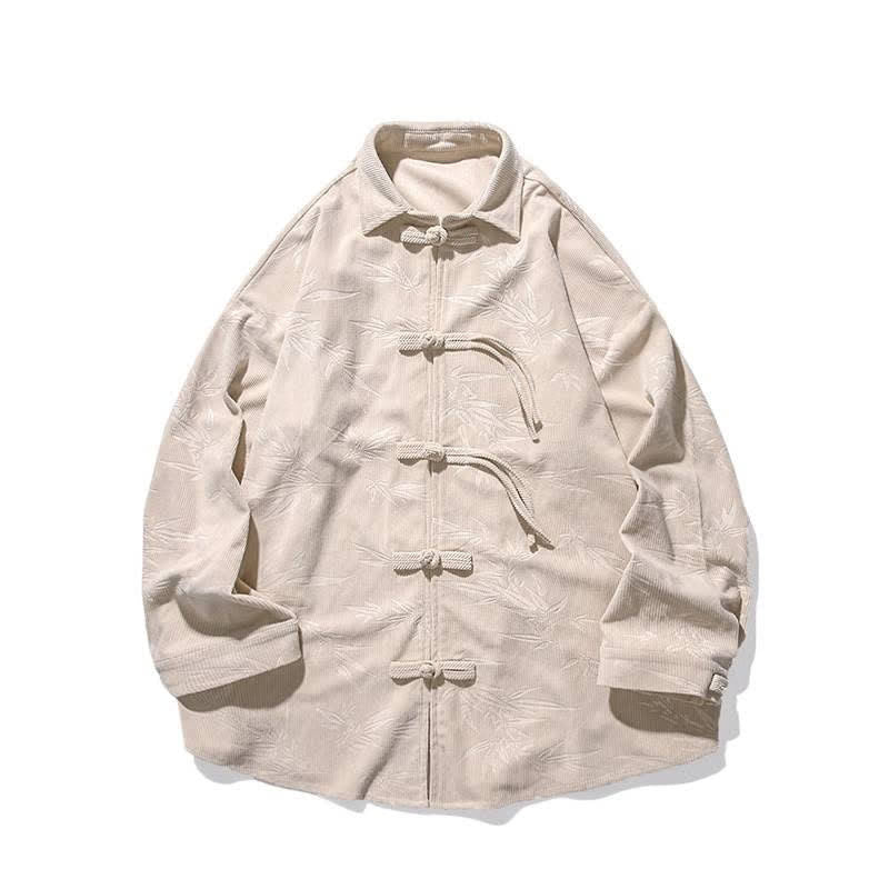 Buddha Stones Fall Winter Tang Style Frog Button Bamboo Print Corduroy Men's Long Sleeve Shirts - image 42