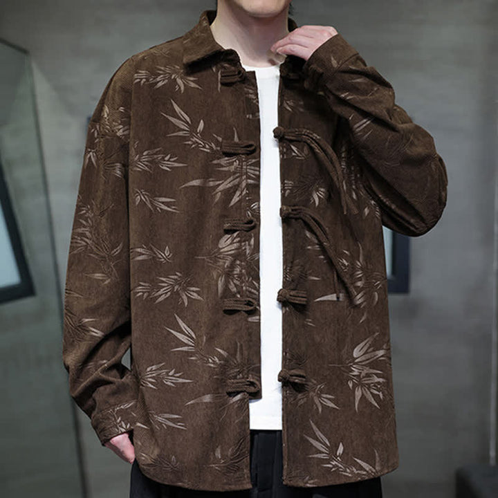 Buddha Stones Fall Winter Tang Style Frog Button Bamboo Print Corduroy Men's Long Sleeve Shirts - image 26