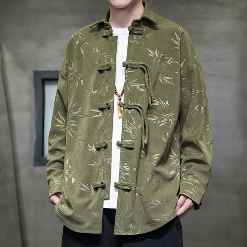 Buddha Stones Fall Winter Tang Style Frog Button Bamboo Print Corduroy Men's Long Sleeve Shirts - image 1