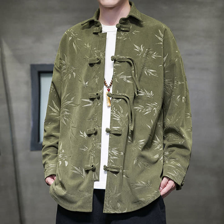 Buddha Stones Fall Winter Tang Style Frog Button Bamboo Print Corduroy Men's Long Sleeve Shirts - image 1