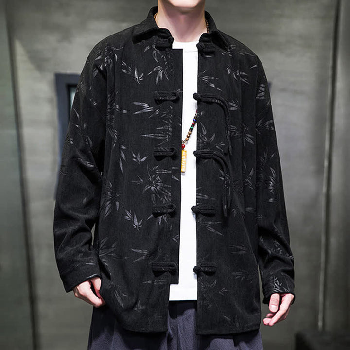 Buddha Stones Fall Winter Tang Style Frog Button Bamboo Print Corduroy Men's Long Sleeve Shirts - image 22
