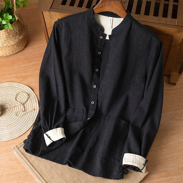 Buddha Stones Fall Casual Tang Style Mandarin Collar Solid Linen Men's Long Sleeve Shirts With Pockets - Black - US/UK/AU44，EU54 (4XL) - image 7