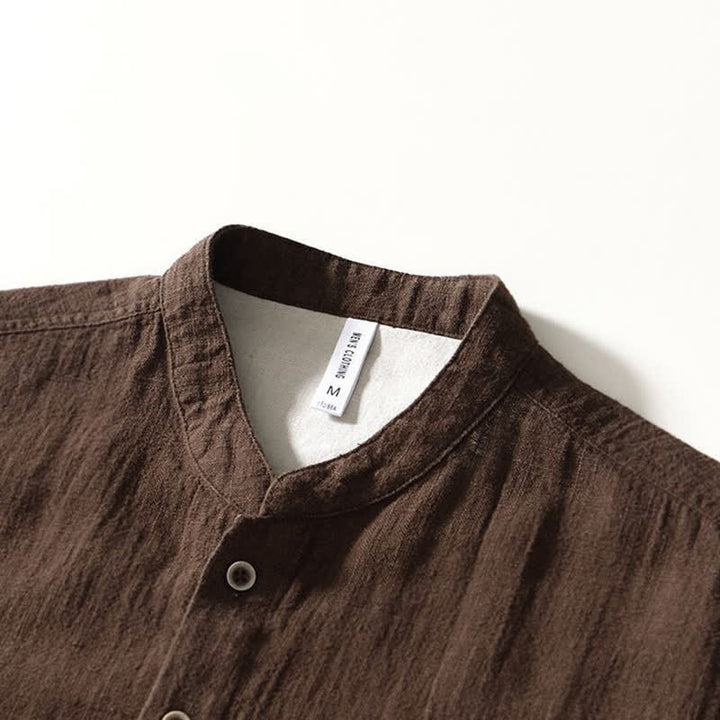 Buddha Stones Fall Casual Tang Style Mandarin Collar Solid Linen Men's Long Sleeve Shirts With Pockets - image 3