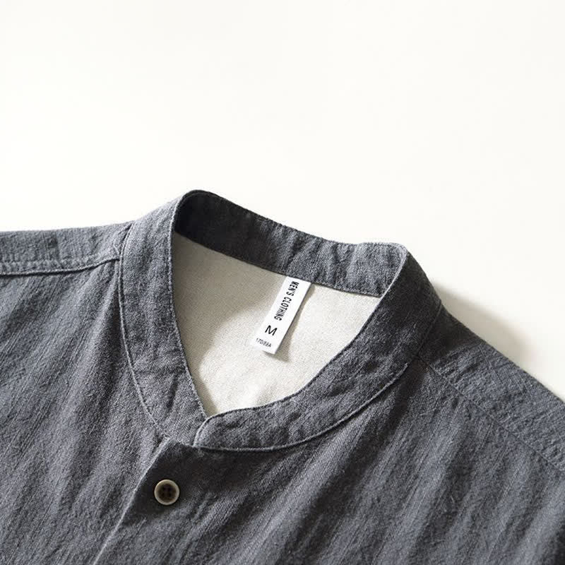Buddha Stones Fall Casual Tang Style Mandarin Collar Solid Linen Men's Long Sleeve Shirts With Pockets - image 13