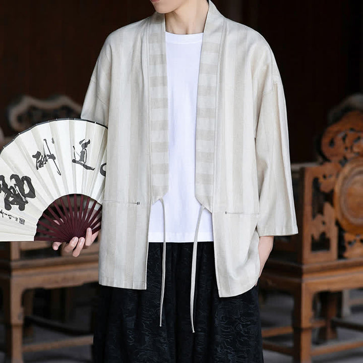 Buddha Stones Spring Summer Casual Tang Style Drawstring Solid Cotton Linen Three-Quarter Sleeve Men's Kimono With Pocket - image 5