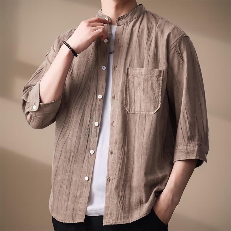 Buddha Stones Spring Summer Casual Mandarin Collar Solid Cotton Men's Long Sleeve Shirts With Patch Pocket - image 2