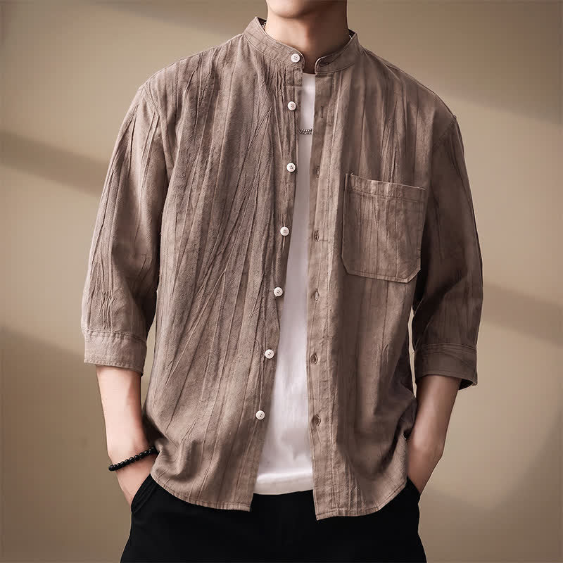 Buddha Stones Spring Summer Casual Mandarin Collar Solid Cotton Men's Long Sleeve Shirts With Patch Pocket - image 4