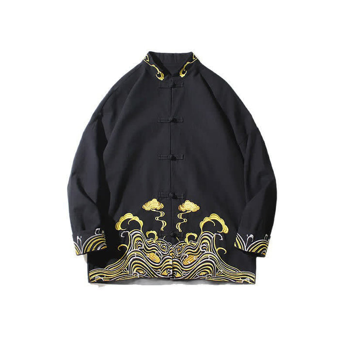 Buddha Stones Fall Winter Tang Style Vintage Frog Button Embroidery Clouds Pattern Cotton Men's Jacket - image 19