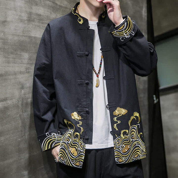 Buddha Stones Fall Winter Tang Style Vintage Frog Button Embroidery Clouds Pattern Cotton Men's Jacket - image 14