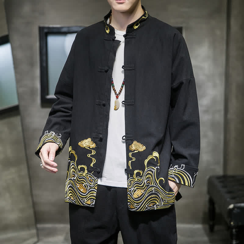 Buddha Stones Fall Winter Tang Style Vintage Frog Button Embroidery Clouds Pattern Cotton Men's Jacket - Black - US/UK/AU46，EU56 (5XL) - image 9