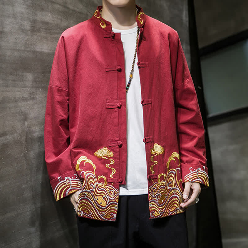 Buddha Stones Fall Winter Tang Style Vintage Frog Button Embroidery Clouds Pattern Cotton Men's Jacket - image 6