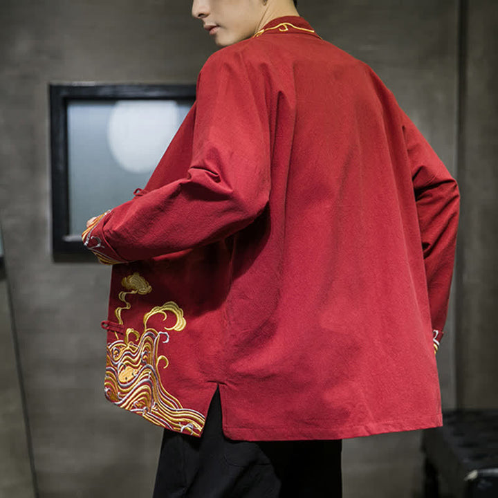 Buddha Stones Fall Winter Tang Style Vintage Frog Button Embroidery Clouds Pattern Cotton Men's Jacket - image 3
