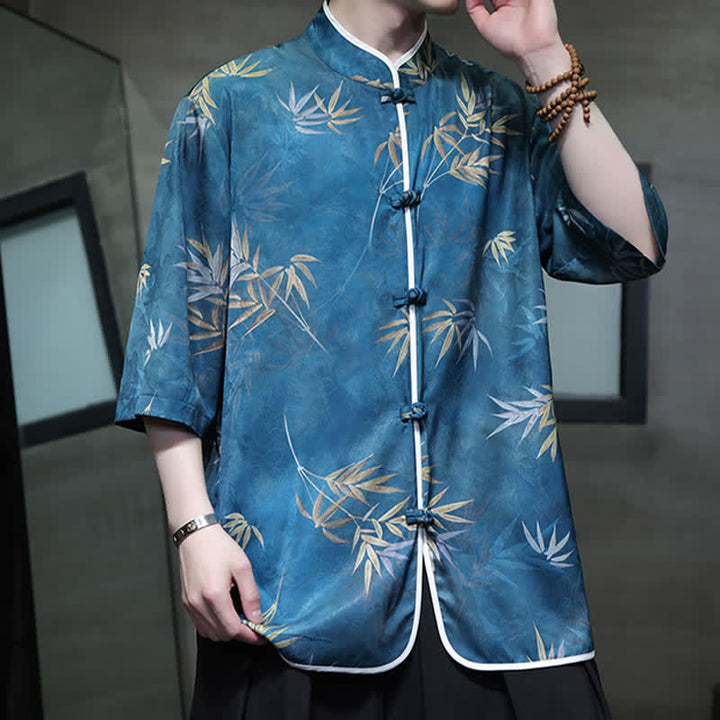 Buddha Stones Spring Summer Vintage Tang Style Mandarin Collar Bamboo Print Men's Elbow-Length Sleeve Shirts - image 24
