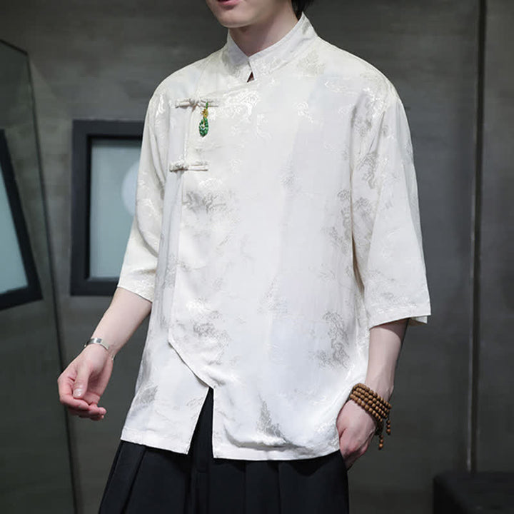 Buddha Stones Spring Tang Style Elegant Mandarin Collar Frog Button Men's Elbow-Length Sleeve Shirts - image 4
