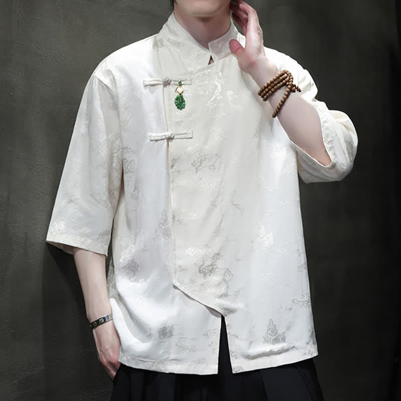 Buddha Stones Spring Tang Style Elegant Mandarin Collar Frog Button Men's Elbow-Length Sleeve Shirts - image 1