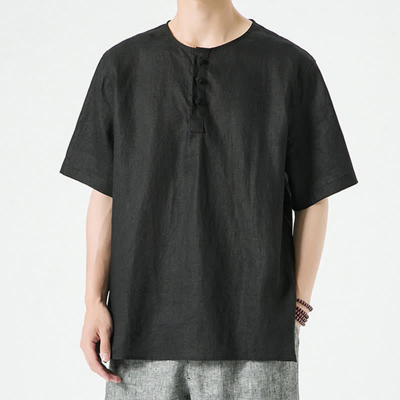 Buddha Stones Summer Casual Minimalist Side Slit Solid Crew Neck Linen Men's Short Sleeve Shirts - Black - US/UK/AU46，EU56 (5XL) - image 11