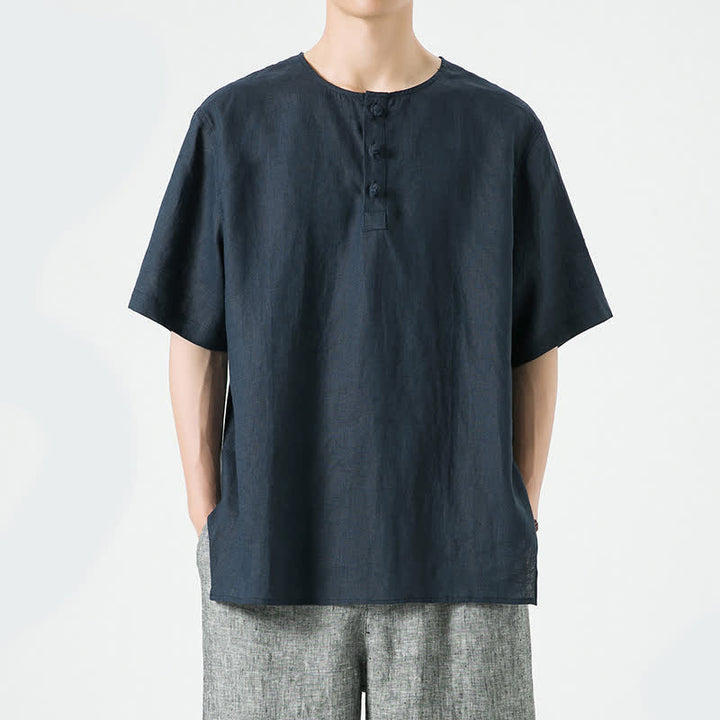 Buddha Stones Summer Casual Minimalist Side Slit Solid Crew Neck Linen Men's Short Sleeve Shirts - MidnightBlue - US/UK/AU46，EU56 (5XL) - image 17