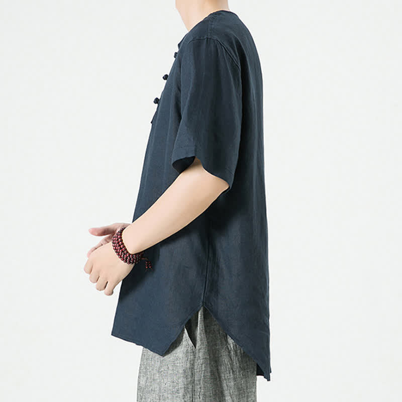 Buddha Stones Summer Casual Minimalist Side Slit Solid Crew Neck Linen Men's Short Sleeve Shirts - image 20