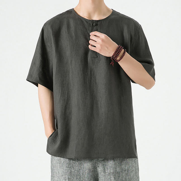 Buddha Stones Summer Casual Minimalist Side Slit Solid Crew Neck Linen Men's Short Sleeve Shirts - image 25