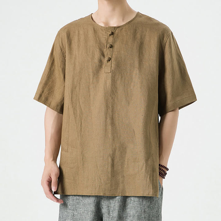Buddha Stones Summer Casual Minimalist Side Slit Solid Crew Neck Linen Men's Short Sleeve Shirts - Peru - US/UK/AU46，EU56 (5XL) - image 32