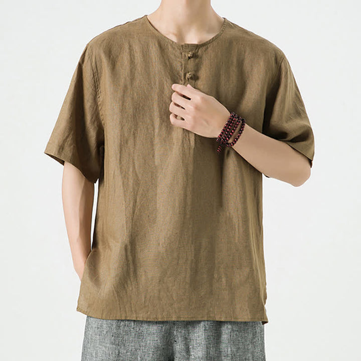 Buddha Stones Summer Casual Minimalist Side Slit Solid Crew Neck Linen Men's Short Sleeve Shirts - image 33