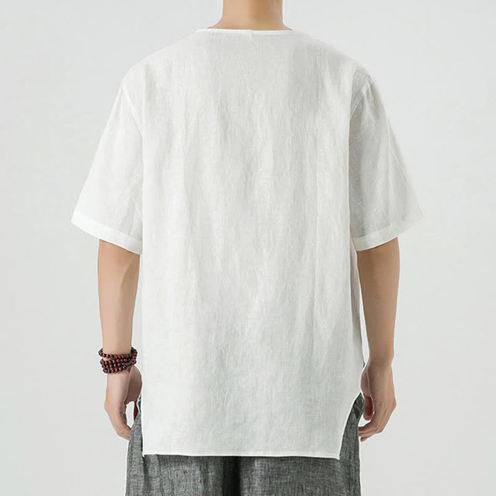 Buddha Stones Summer Casual Minimalist Side Slit Solid Crew Neck Linen Men's Short Sleeve Shirts - image 44