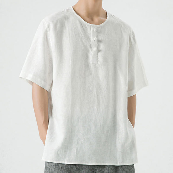 Buddha Stones Summer Casual Minimalist Side Slit Solid Crew Neck Linen Men's Short Sleeve Shirts - image 46