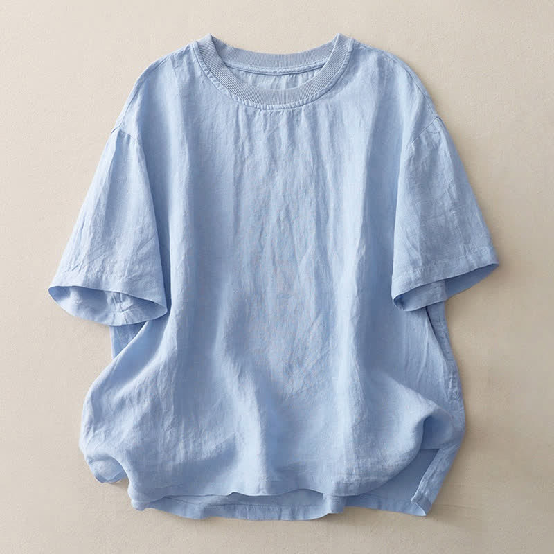 Buddha Stones Plain Threaded Crew Neck Design Women's Short Sleeves Shirt - LightSkyBlue - US14，UK/AU18，EU46 (2XL) - image 0