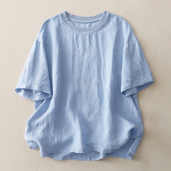 Buddha Stones Plain Threaded Crew Neck Design Women's Polyester Short Sleeves Shirt - LightSkyBlue - US14，UK/AU18，EU46 (2XL) - image 0
