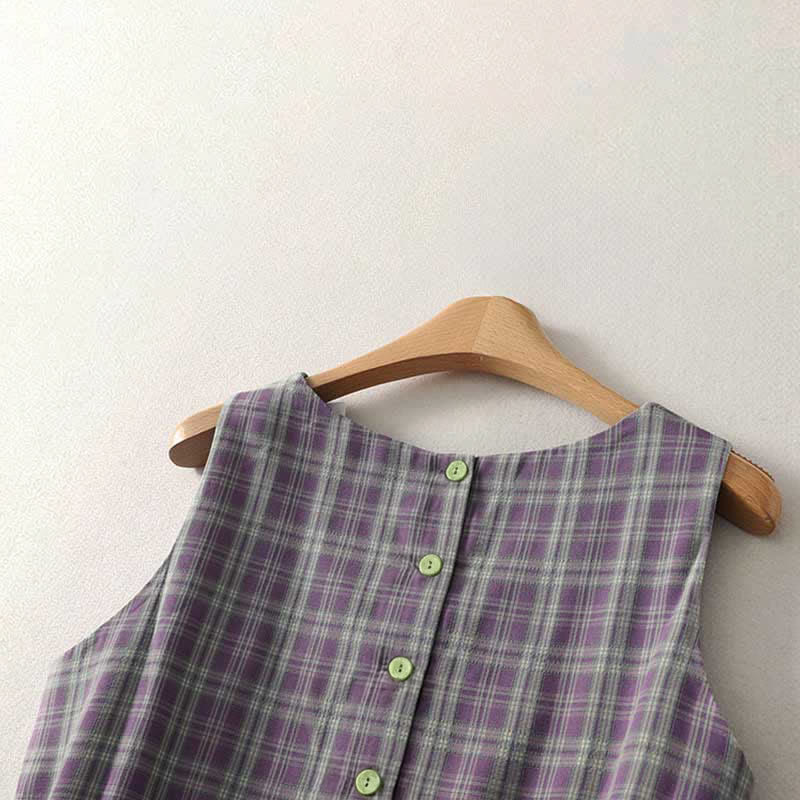 Buddha Stones Summer Vintage Drawstring Waist Button-Up Plaid Cotton Women's Sleeveless Dress With Pockets - image 4