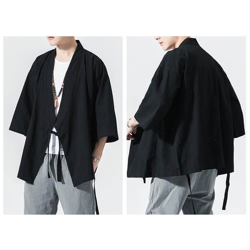 Buddha Stones Summer Casual Minimalist Drawstring Solid Elbow-Length Sleeve Men's Kimono - image 13