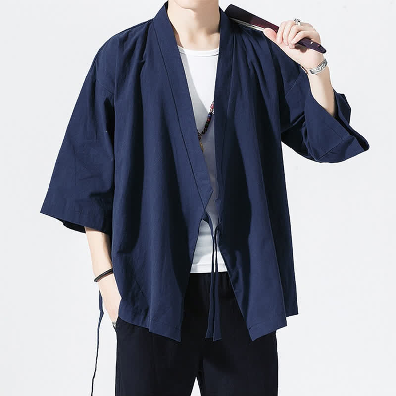 Buddha Stones Summer Casual Minimalist Drawstring Solid Elbow-Length Sleeve Men's Kimono - image 15