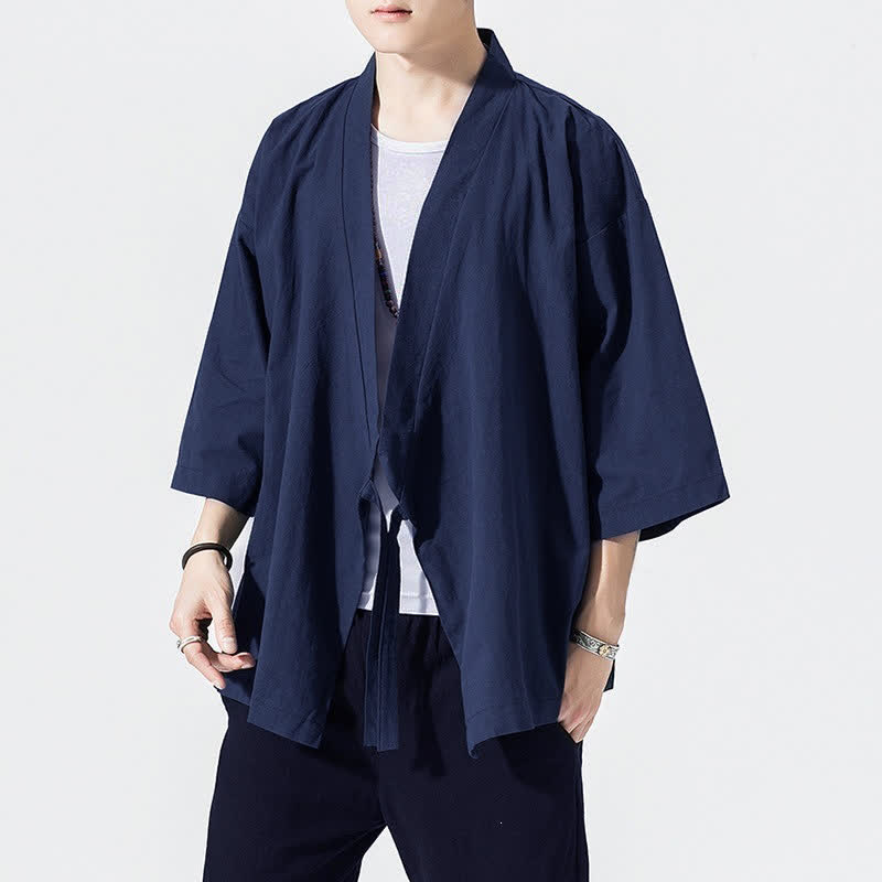 Buddha Stones Summer Casual Minimalist Drawstring Solid Elbow-Length Sleeve Men's Kimono - MidnightBlue - US/UK/AU46, EU56 (5XL) - image 14