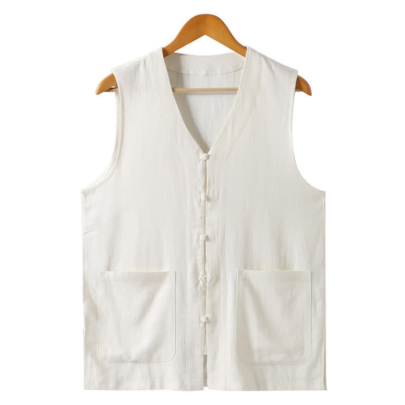 Buddha Stones Summer Tang Style Casual Frog Button Solid V-Neck Tank Top Men's Sleeveless Shirts With Pockets - White - US/UK/AU46, EU56 (5XL) - image 11