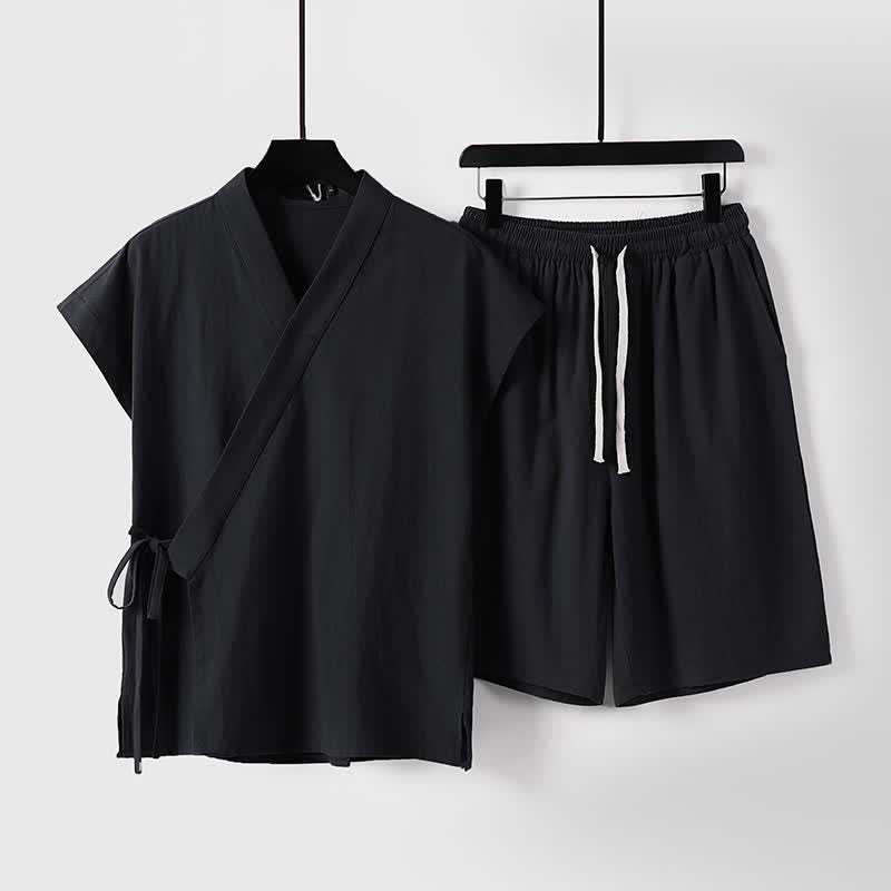 Buddha Stones 2Pcs Summer Meditation Tang Style Drawstring Solid Cotton Linen Short Sleeve Shirt Shorts Men's Meditation Cloth With Pockets - Black - US/UK/AU54, EU64 (9XL) - image 3